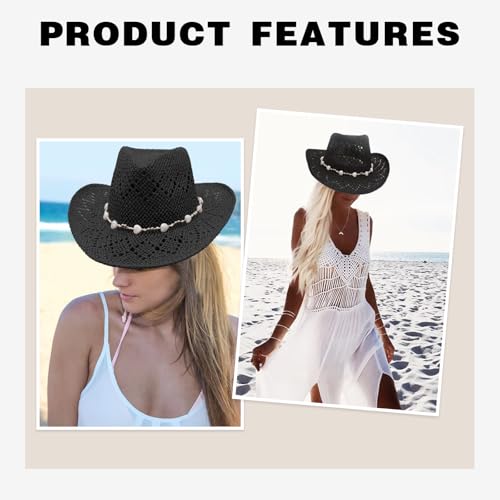 Image of Straw Cowboy Hats for Women Sparkly Western Cowgirl Hat for Holiday Party Foldable Vacation Beach Sun Hat with Wide Brim