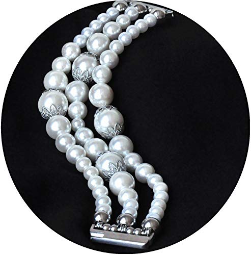 White Pearl Bands Compatible with Fitbit Versa Smartwatch Bands Exercising Elastic Stretch Handmade Jewelry Bracelet Watch Replacement Strap Wristband Wearable Watchbands Pearl Bracelet Girls Women