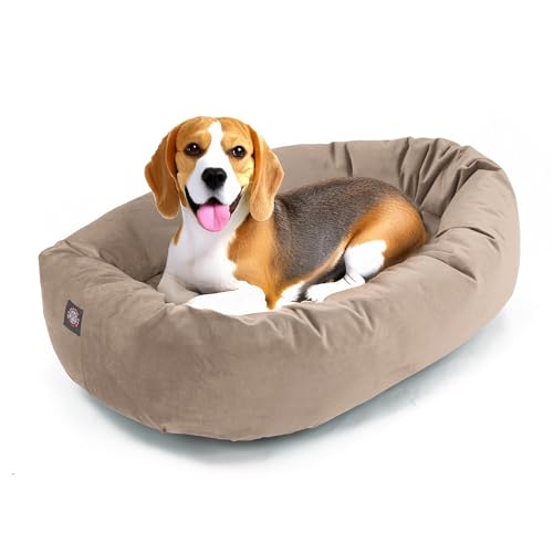 Image of Majestic Pet 32 Inch Micro Velvet Calming Dog Bed Washable - Cozy Soft Round Dog Bed with Spine for Head Support - Fluffy Donut Puppy Mat 32x23x7 (inch) Medium - Pearl (2025)