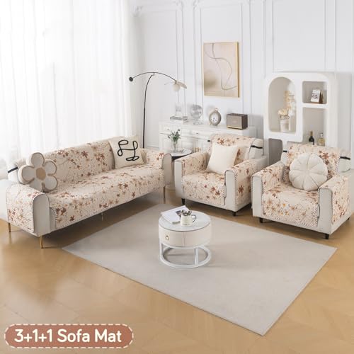 Image of HOKIPO Double Sided Quilted Sofa Cover 5 Seater Fully Covered, (3+1+1) Sofa Cover Set, Easy Drape Series, Golden Bloom (IN-1101 + IN-1099 * 2-ED8)