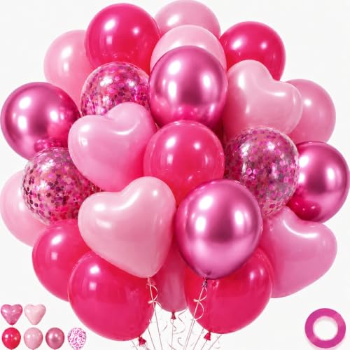 Image of Pink Balloons, 12 Inch Metallic Hot Pink Chrome Magenta Heart Balloons Birthday Party Decorations, Baby Confetti Balloon for Valentines Day Girls Happy Birthday Decoration Princess Party