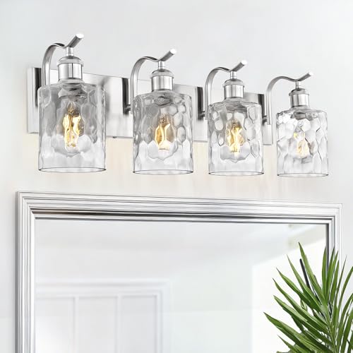 Image of Bathroom Vanity Light Fixtures Over Mirror 4-Light Hammered Glass Wall Mounted Modern Brushed Nickel - VL01BNH-4