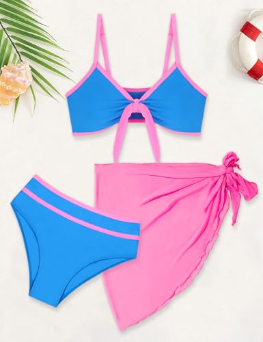 Image of Girls Swimsuit Bikini Set and Cover Up Skirt 3PCS Bathing Suit Removable Knot Dual-Use Girls Swimsuits Size 7-16