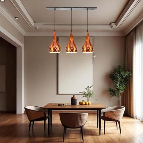 Image of 3 Light Hanging Light for Home Orange Aluminium Pendant Light with E27 Holder Designer Ceiling Hanging Lamp for Bulb Not Included, Linear Set