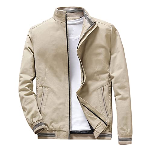 Maiyifu-GJ Men's Casual Washed Cotton Jacket Military Stand Collar Outdoor Windbreaker Lightweight Slim Fit Army Coat (Light Khaki,X-Large)