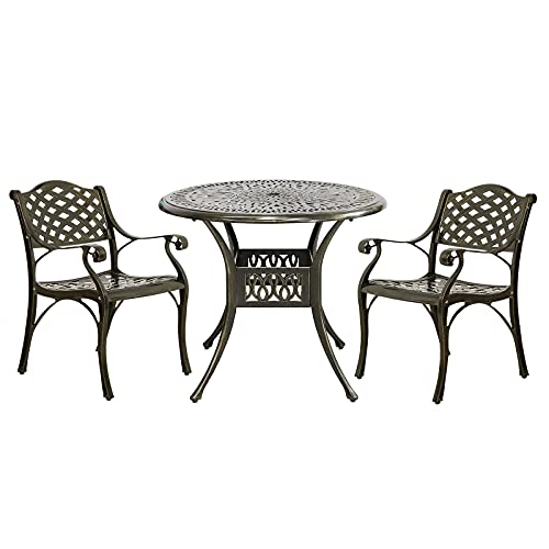 MEETWARM 3 Piece Patio Bistro Set, Outdoor All-Weather Cast Aluminum Dining Furniture Set Includes 2 Chairs and a 35.4â€ Round Table with Umbrella Hole for Garden Deck