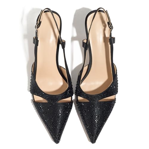 Women's Rhinestone Heeled Pumps Kitten Pointed Toe Ankle Strap Comfortable Stiletto Heels Party Dress Wedding Shoes2