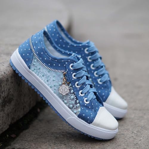 Women's Polka Dot Lace-Up Denim Mesh Sneakers | Casual Flat Canvas Shoes - Breathable Comfort for Everyday Wear2