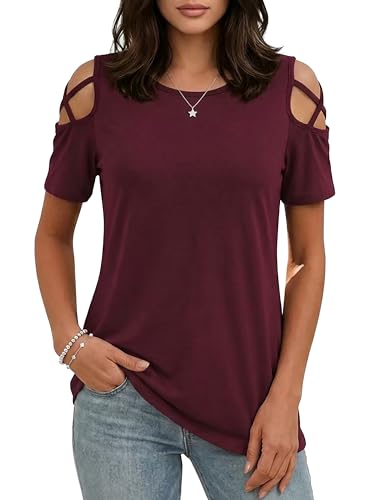 Image of Jar of Love Women's Summer Tops Short Sleeve Cold Shoulder Tops T-Shirts for Women Spring Summer Tops Loose Fit Tunic 2026