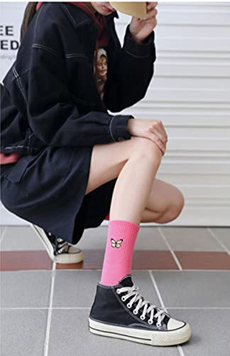 Image of Womens Calf Socks Embroidery Crew Socks Casual Dress Socks Cute Butterfly Socks For Girls 3 Pairs
