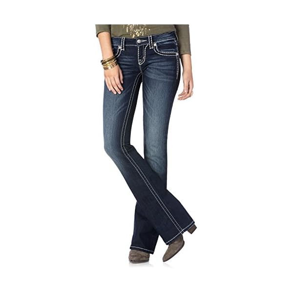 Miss Me Women's Loose Saddle Stitch Border Boot Cut Jean, Dark Blue, 34W x 32L