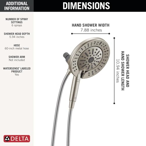 Delta 6-Setting In2ition 2-in-1 Dual Shower Head with Handheld High Pressure ProClean Spray, Brushed Nickel Detachable Shower Head with Hose, 1.75 GPM Flow Rate, Satin Nickel 75655SN by DELTA - Image 5