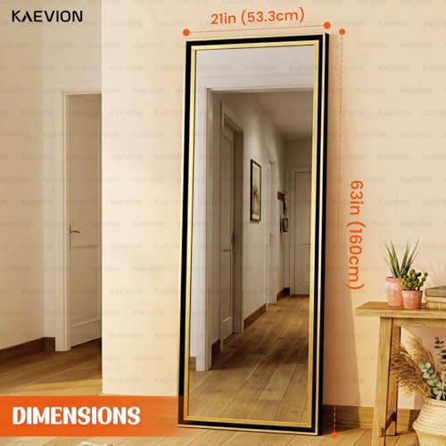 Image of 63x21 Inch Full Length Mirror Black Gold Frame, 5mm High-Definition Wall Mirror, Vertical or Horizontal Hanging Large Body Dressing Mirror for Entryway, Bedroom & Living Room