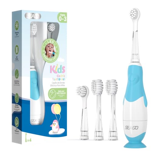 Seago Cepillo de Dientes Eléctrico para Bebés 0-3 Años, Cepillo Sónico con Luz LED, Temporizador Inteligente, IPX7 Impermeable, Cerdas Suaves para Dentición, Modelo SG513 (Azul)