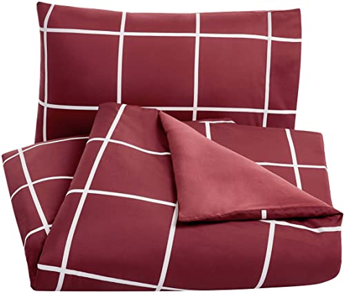Amazon Basics - Juego de funda nórdica de microfibra ligera de microfibra, 135 x 200 cm, Burdeos a cuadros (Burgundy Simple Plaid)