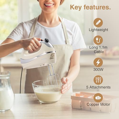 VonShef Hand Mixer Electric Whisk – Food Mixer for Baking with 5 Speeds, 300W, 2 Stainless Steel Beaters, 2 Dough Hooks & Balloon Whisk, Easy Clean, Turbo Boost, Eject Button, Compact – Cream - Image 3