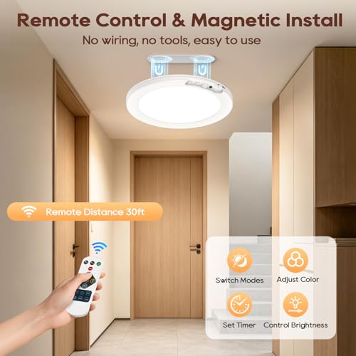 Image of 2 Pack Rechargeable Motion Sensor Ceiling Light, 8000mAh Battery Operated Ceiling Lights with Remote, Magnetic Wireless Closet Light, 3 Color Dimmable LED Lights for Closet Shower Pantry Hallway