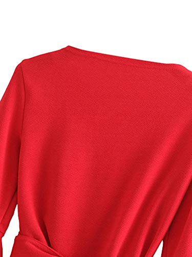 Sweatyrocks Women's Long Sleeve V Neck Tie Knot Bandage Wrap Blouse Crop Top Red M #TOP2