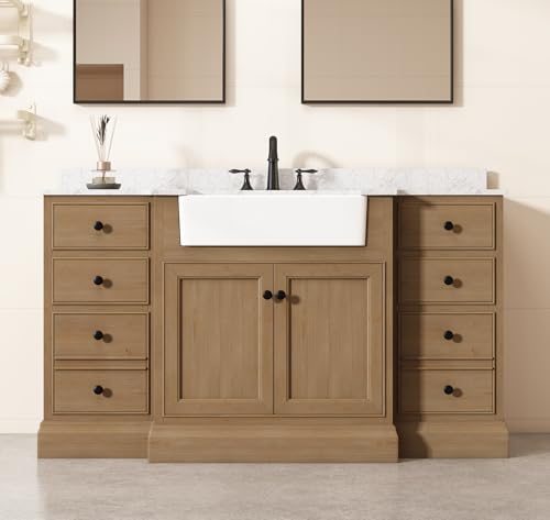 60" Bathroom Vanity with Sink Set, Vintage Single Bath Vanity with Carrera Top, Wooden Cabinet with Farmhouse White Ceramic Sink, Soft Closing - Fully Assembled, Backsplash Included, Weather Fir