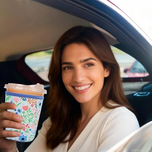 Image of Reusable Insulated Sleeve for Iced Coffee Cup, Coffee Neoprene Sleeve for Cold & Hot Drinks, Beverage Holder for Iced Coffee (Butterfly Bloom, Small: 16-18oz)