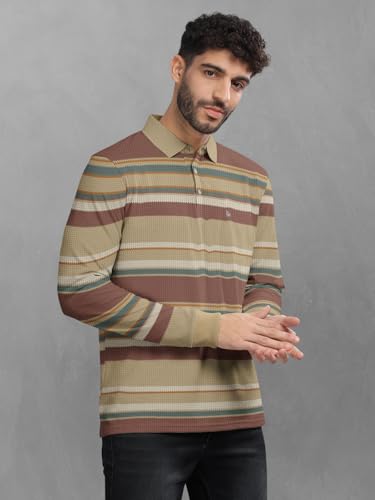 Image of BULLMER Striped Textured Printed Polo Neck Fullsleeve T-Shirt with Rib for Men