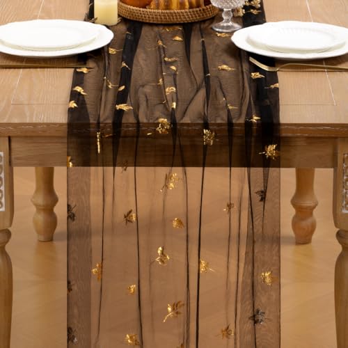 Image of Fall Maple Leaf Table Runner Black Sheer Gauze Foil Table Runner 120 Inch