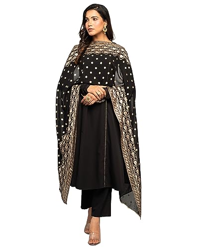 Image of FIORRA Women's Balck Crepe A-line Kurta with Pant and Dupatta