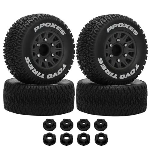Chanjorlin 1/10 1/8 RC Short Course Truck Tires OD 112mm and Wheels 12mm 14mm 17mm Hex for 1:8 1:10 Scale Off Road Truck Car Traxxas Slash 2WD 4×4 Axial Losi Redcat Rc4wd Arrma Senton 4PCS (Black)