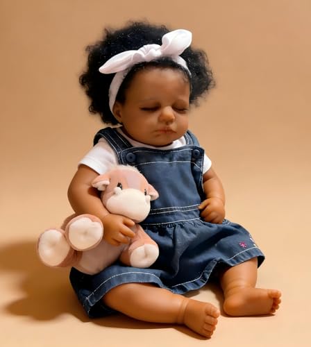 iCradle Poupée Reborn réaliste - Fille noire - 50 cm - Poupée nouveau-né réaliste - Poupée afro-américaine - Cheveux enracinés - Poupée en tissu -...