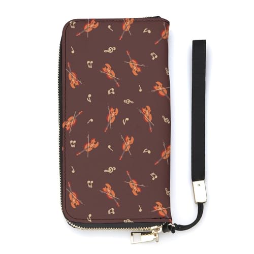 Violin Cartoon Long Wallet for Women Men Coin Pouch Credit Card Holder Zipper Purses with Wristlet