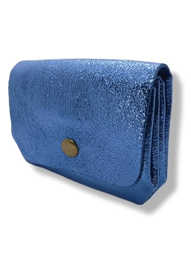 Générique Porte-Monnaie Femme en Cuir Irisé, Porte-Carte Brillant, Véritable, Trifold, 3 Compartiments (Bleu)