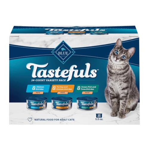 Image of Blue Buffalo Tastefuls Wet Cat Food Pate Variety Pack (Chicken, Turkey & Chicken, Ocean Fish & Tuna) for Adult Cats, Made with Natural Ingredients, 5.5-oz. Each (24 Cans)