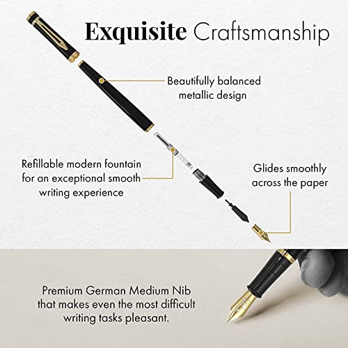 Wordsworth & Black Fountain Pen Set, 18K Gilded Medium And Broad Nibs, 6 Ink Cartridges And Refill Converter, Gift Case, Smooth Writing Pens [Black Gold], Perfect For Men And Women #TOP5