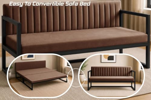 Image of Metal Sofa Cum Bed Modern Industrial Design Metal Frame 3 Seater Sofa Bed for Home, Office & Lounge-Brown