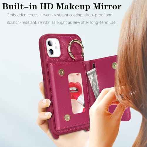 DEYHU for iPhone 11 Case with Card Holder and Strap for Women,Crossbody Lanyard, Make Up Mirror,Ring Stand,Snap Clasp,Cute Phone Wallet Cases 6.1 inch - Rose red by DEYHU - Used condition - Image 5