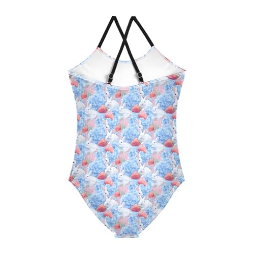 senya Girls Swimsuits One-Piece Swimwear Tie Bathing Suit Beach Summer Round Neck 7-8T Strawberry Rabbit Pattern2