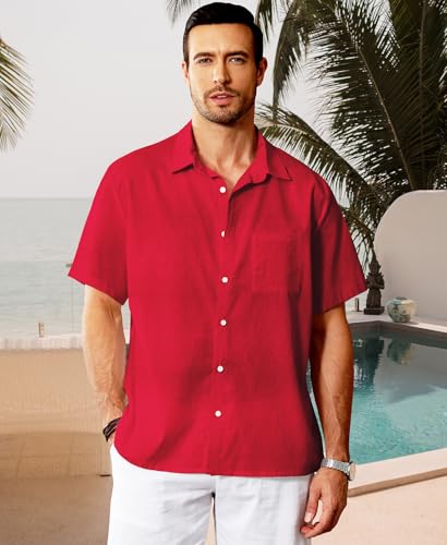 KYKU Linen Shirts for Men: Casual Cotton Mens Short Sleeve Button Down Shirts Beach Wedding Summer Clothes with Pocket2