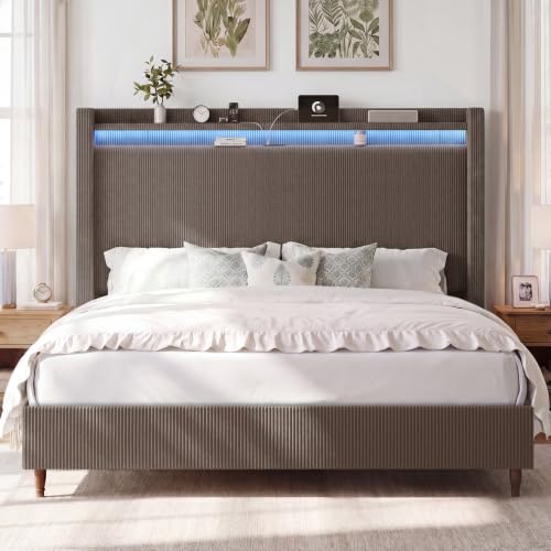 Image of King Size Bed Frame with 55.3 inch Tall Headboard, Corduroy Upholstered, Taupe