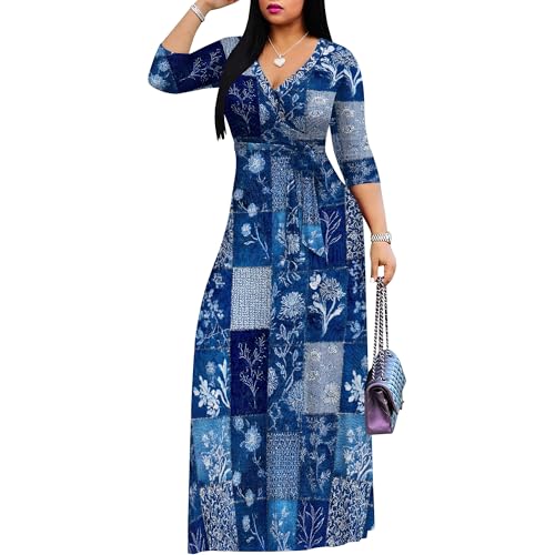 Image of SUZONANA Plus Size Dresses for Women Print Maxi Dresses Flowy 3 /4 Sleeve with Belt