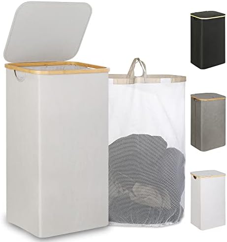 iEGrow Laundry Hamper 110L, Laundry Basket with Lid and Handle, Collapsible Laundry Baskets with Removable Inner Bag, Bamboo Washing Basket for Bedroom Bathroom Laundry Room (Light Grey)