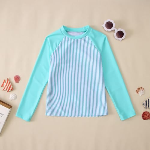 Image of Ritatte Girls Rash Guard Swimsuit 2 Pieces Stripe Bathing Suit Long Sleeve Rashguard Beach Shorts Summer Swimwear 7-12T(Blue Green,11-12T(160))