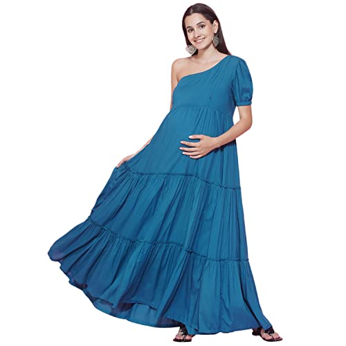 Image of Mine4Nine Women's Maternity Solid Teal Blue Color Maxi Baby Shower Dress