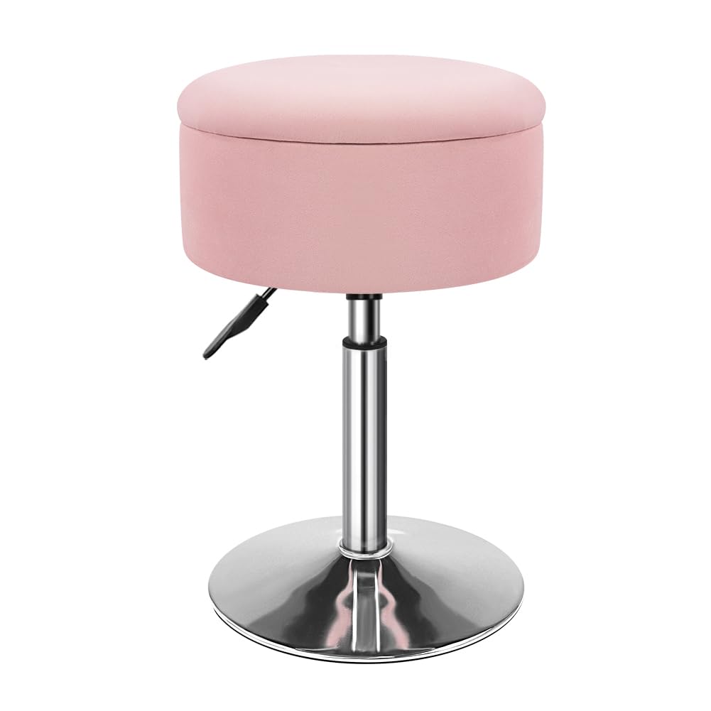 KKTONER Velvet Round Vanity Stool with Storage Height Adjustable Makeup Chair with Swivel Base Non-Slip Small Vanity Chair for Spa Salon Dressing Room Bedroom (Pink)