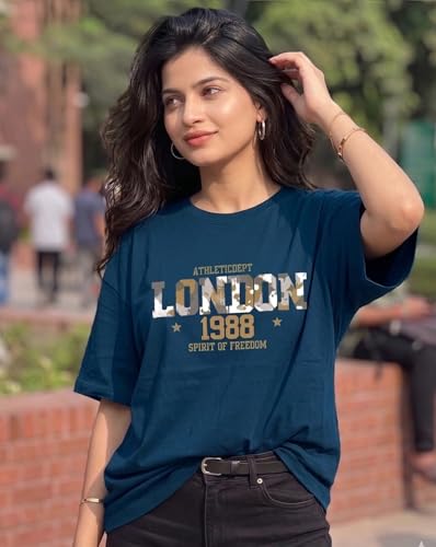 Image of Women's Typography Round Neck Cotton-Blend T-Shirts, Oversized Drop Shoulder Boho Style T-Shirt