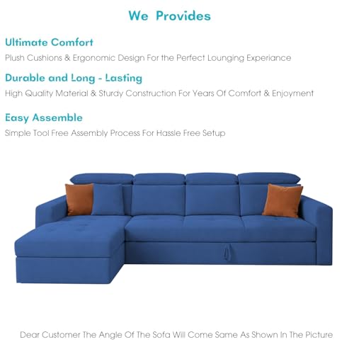 Image of Casaliving Gagnon LHS 6 Seater L Shape Corner Sofa Cum Bed for Living Room (Blue Fabric) Premium Fabric Sofa