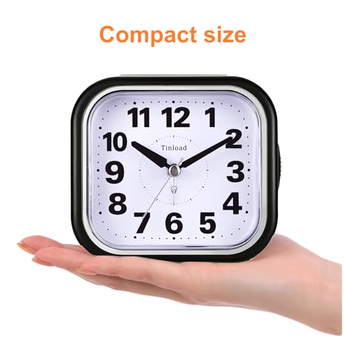 Image of Tinload 4.3 inch No Ticking Analog Alarm Clock,Silent Readable for Seniors,Easy to Set,Gradual Rise Alarm,Big Numbers,On /Off Switch on Side,Gentle Wake,Snooze,Lighted on Demand,Battery Operated,Black