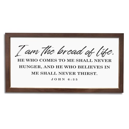 Christian Kitchen Signs, Home Dining Room Decor, Farmhouse Wood Framed Sign 15×7.5×0.3 inches, Rustic Home Decor for Kitchen Wall, Bible Verse Scripture Decors, I am the Bread of Life Sign