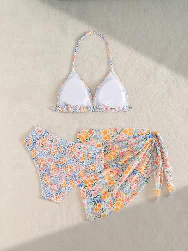 Image of SEGT Girl's 3 Piece Striped Bikini Swimwear Cute Swimsuits Bathing Suit High Waisted with Cover Up Beach Skirt