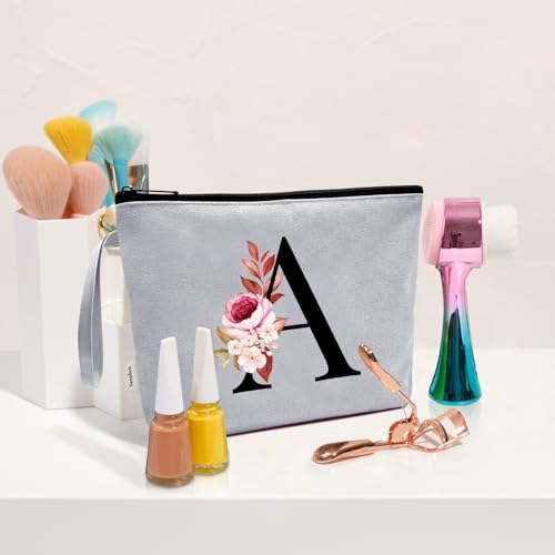 Image of Vavabox A-Z Personalized Makeup Bag, Birthday Gifts for Women Mom, Gifts for Best Friend, Bride Bridesmaid Cosmetic bag (A, Grey)