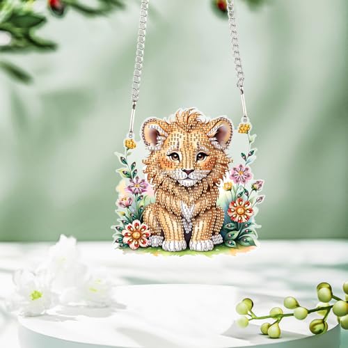 Image of DIY 5D Diamond Painting Hanging Ornament Kit Lion Design, Handmade Acrylic Diamond Art Irregular Shape Pendant, Decorative Hanging for Home, Garden, Wall, Door, and Gift